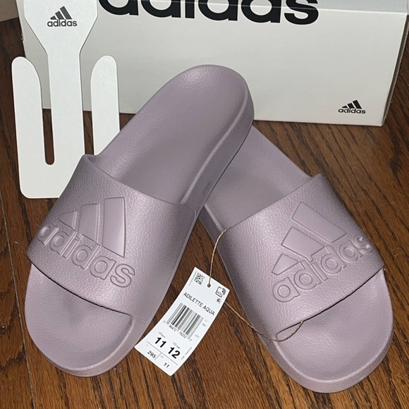 Adidas Slides-never worn! NWT! Men’s size 11/12- gray/light purple neutral color - Picture 6 of 7
